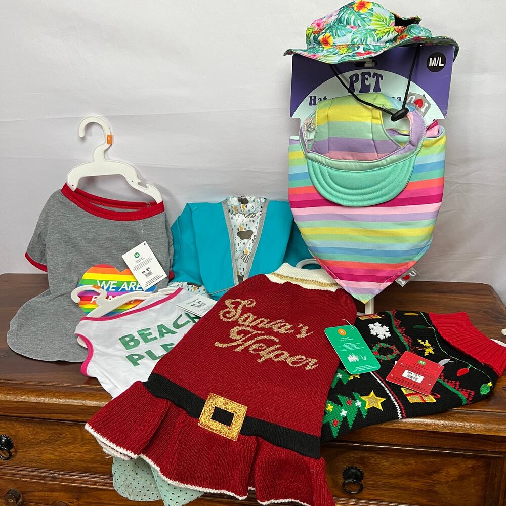Dog Clothing Bundle M 7pc Christmas Ugly Sweater Raincoat Dress Sun Hat T-shirts